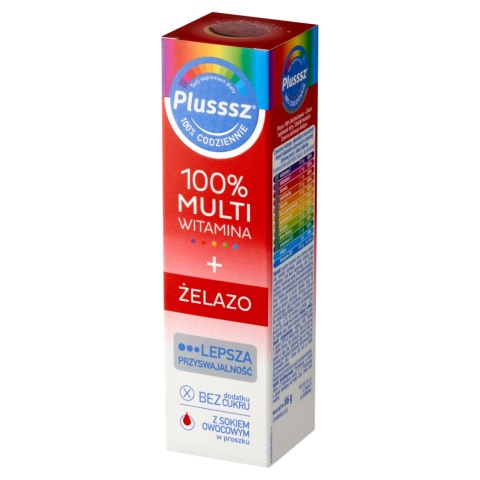 Plusssz 100% Multiwitamina + Żelazo, 20 tabletek musujących, smak wiśnia i pomarańcza