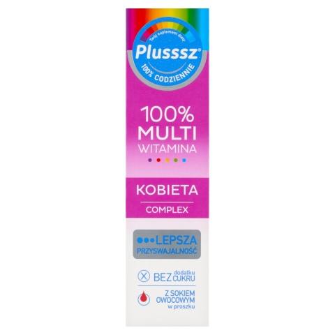 Plusssz 100% Multiwitamina Kobieta Complex, smak malina-pomarańcza, 20 tabletek musujących