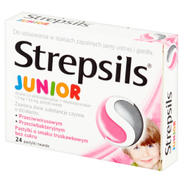 Strepsils Junior Pastylki o smaku truskawkowym bez cukru 24 sztuki