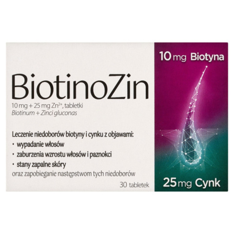 Biotinozin, tabletki z cynkiem i biotyną na włosy i paznokcie, 30 tabletek