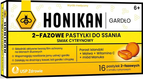 Honikan Gardło , 2-fazowe pastylki do ssania , cytrynowe , 16 sztuk