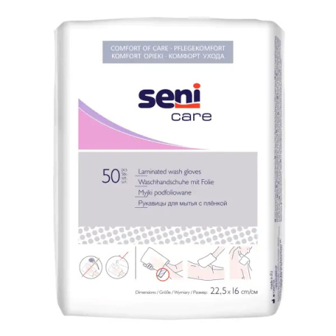 Seni Care , Myjki higieniczne podfoliowane 22,5 x 16 cm , 50 sztuk